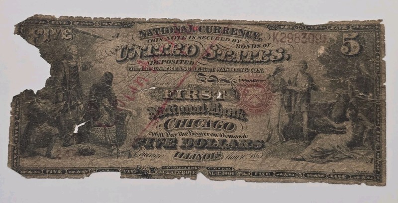 1865 Contemporary Counterfeit National Banknote FNB of Chicago, Illinois IL $5