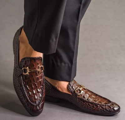 Handmade Men Brown Crocodile Moccasin, Formal Dress Leather Office Shoes For Men