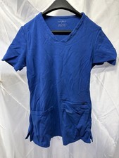 Jaanuu Women's Blue V-Neck Scrub Top Short Sleeve Zipper Pocket Size S. H3