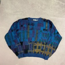 Vintage Knitted Jumper Abstract Patterned Grandad Knit Sweater With Leather
