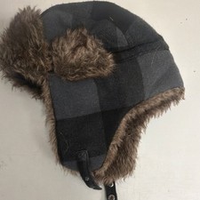 Swiss Tech Plaid Faux Fur Trapper Hat Black Gray Brown Ear Flap Lined Unisex OS