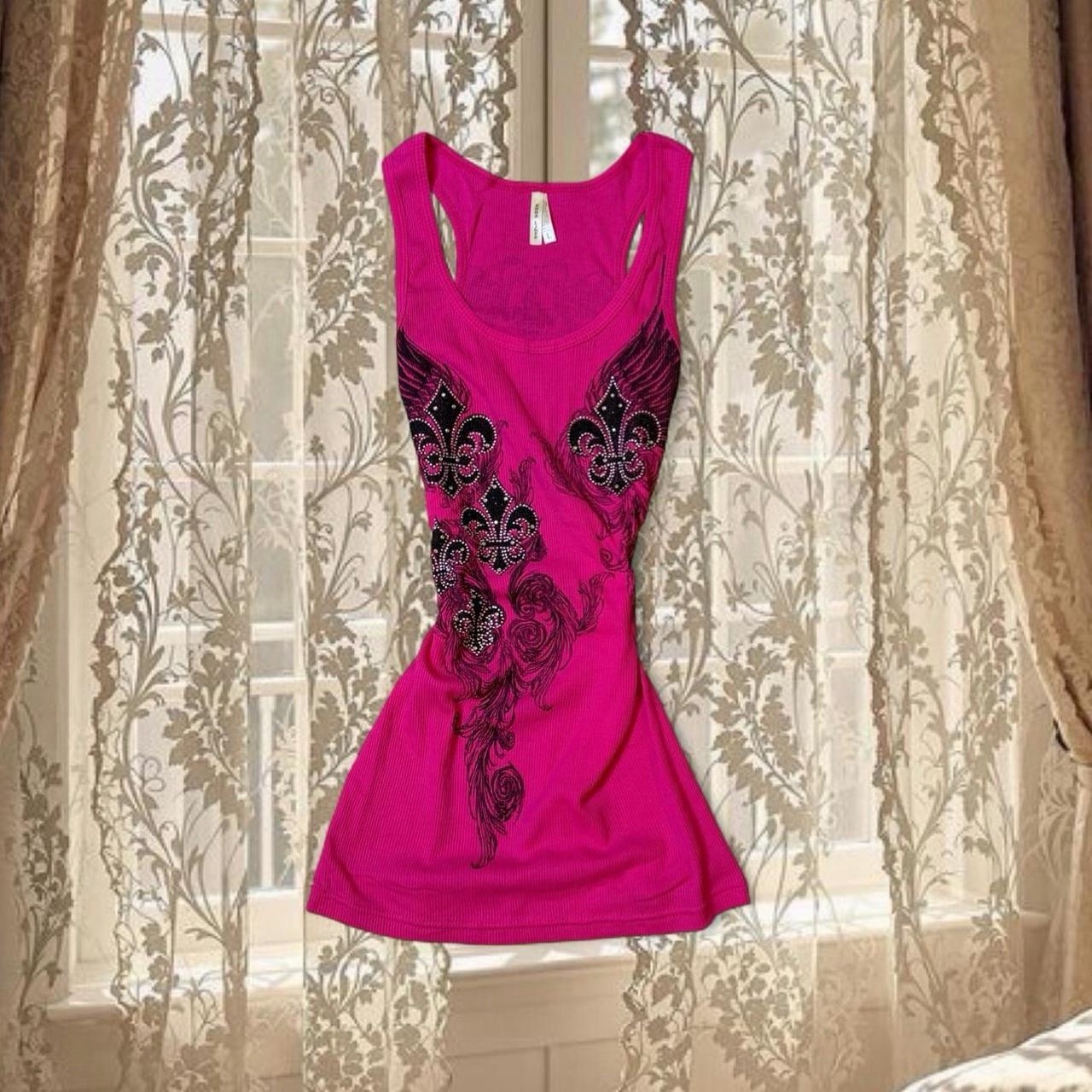 Vintage Y2K Deadstock Grunge Bedazzled Fleur de Lis Angel Wings Tank Top