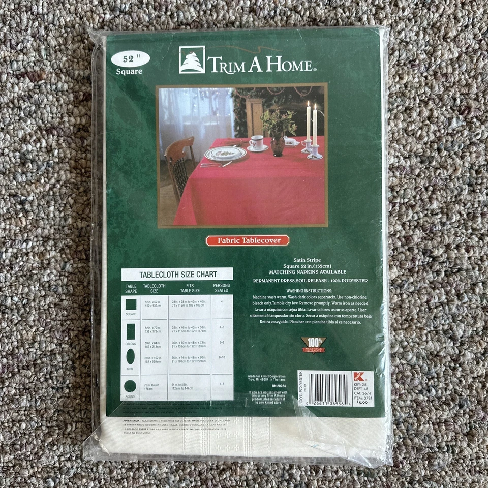 Trim A Home Satin Stripe Polyester Fabric Tablecloth 52x52” Square IVORY *NEW* - Image 2 of 4