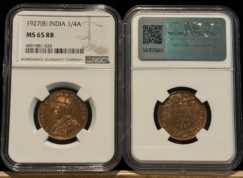 INDIA 1/4 Anna, 1927 (B), NGC MS 65 RB Mostly Red, Lustrous Gem UNC / BU. A2