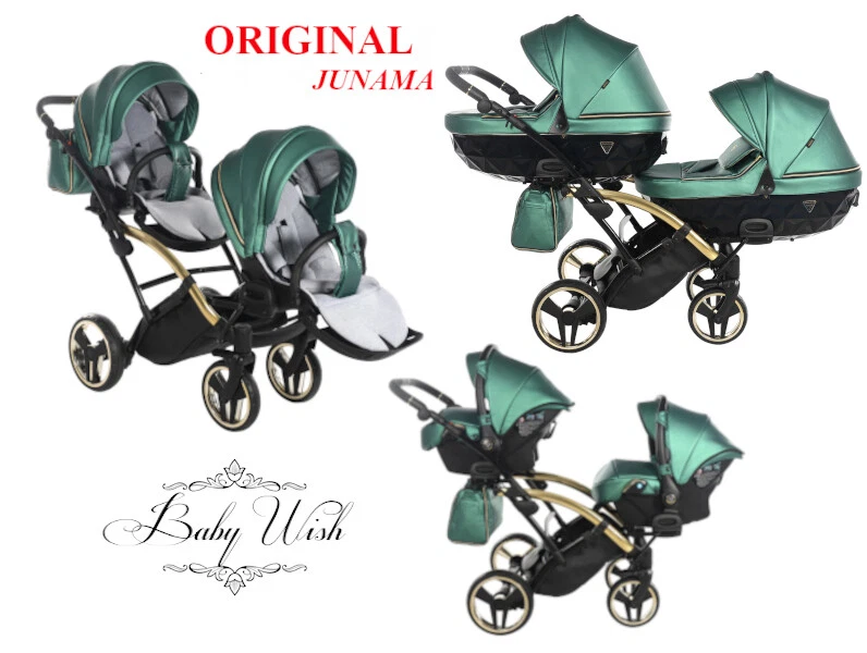 JUNAMA FLUO LINE DUO SLIM V2 BABY TWIN PRAM 3in1 CARRYCOT + PUSHCHAIR + CAR SEAT