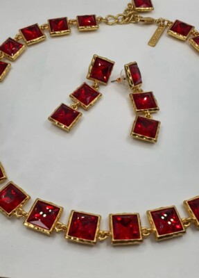 Oscar de la Renta Set goldfarben rote Kristall Halskette & Ohrring