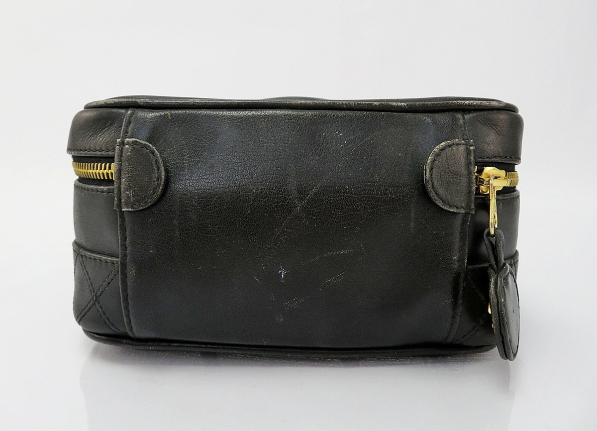 Authentic CHANEL Black Leather Cosmetic Top Handle Pouch #60317B