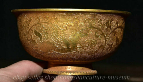 5" Old Chinese Bronze 24K Gold Gilt Wing Fly Horse Pattern Round Vessel Bowl Cup - Afbeelding 1 van 8