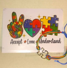 Autism Awareness Adjustable Cord  Silver Puzzle Piece Bracelet  Sticker Set