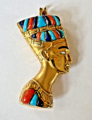 Egyptian Queen Nefertiti Gem Stones Yellow Gold 14K Double Pendant  15.3 Gr