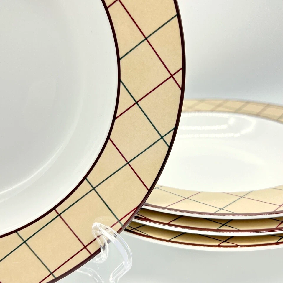 JUEGO DE 4 CUENCOS DE SOPA RAROS 1999 RALPH LAUREN GARRISON CON BORDE A CUADROS, EXCELENTE ESTADO Foto 3 de 4