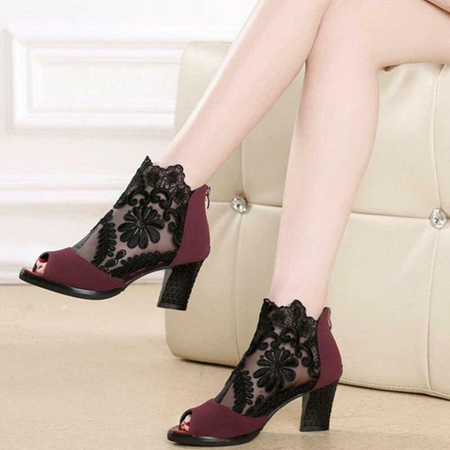 Womens Breathable Lace Ankle Boots Peep Toe Mid Block Heels Sandals Roman Shoes - Picture 10 of 19