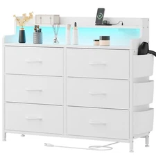 Dresser for Bedroom 6 Drawers with Charging Station LED Light Wood Top White PU