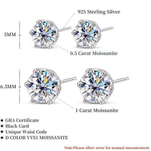 0.5/1/2CT Moissanite Stud Earrings 925 Sterling Silver 14K White Gold Plated GRA - Picture 9 of 15