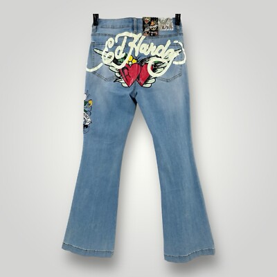 NEW Ed Hardy Jeans Women's 30 LOVE KILLS SLOWLY Fit Flare Leg RETRO LIGHT BLUE
