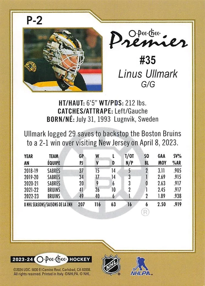 2023-24 Upper Deck OPC O-PEE-CHEE PREMIER  Linus Ullmark  #P-2 - Image 2 of 2