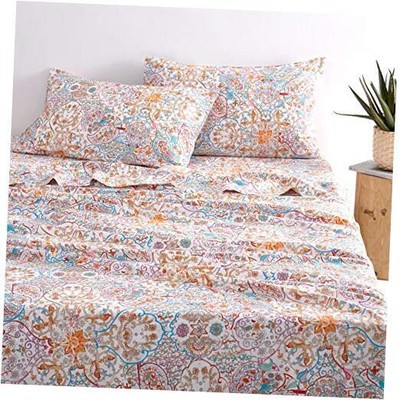  - Boho Bed Sheets, 100% Cotton, 4-Piece Sheet Set, Queen Turquoise Orange