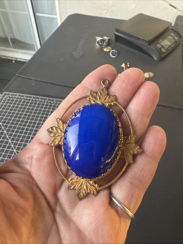 Vintage Gold Tone Miriam Haskell Large Faux Lapis Set in Repousse Leaves Pendant