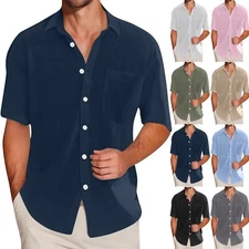 Men Cotton Linen Button Down Short Sleeve Shirt Baggy Casual Summer Beach Shirts