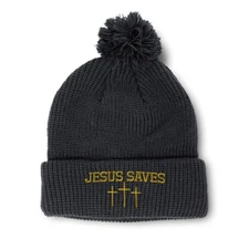 Pom Pom Beanies for Women Jesus Saves Gold Embroidery Acrylic Skull Cap 1 Size