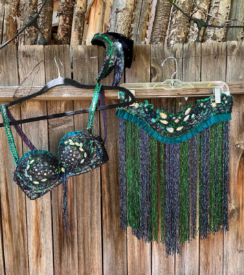 70s Vintage Peacock Sequin Burlesque Belly Dance Costume | Handmade Showgirl 