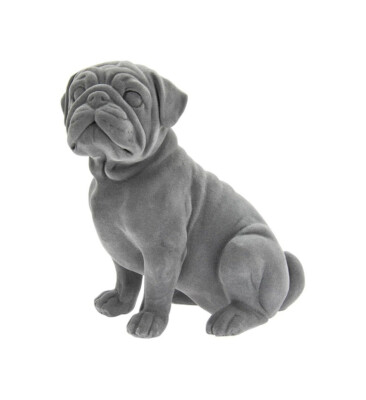Grauer Samt sitzender Mops Hund Ornament Figur 19 cm groß