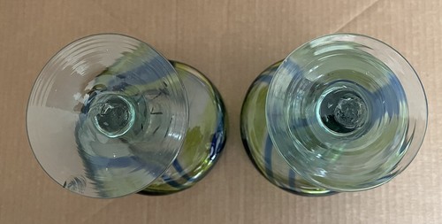 2 Mexican Hand Blown Crafted Green And Cobalt Blue Jumbo Margarita Glasses - Picture 13 of 17