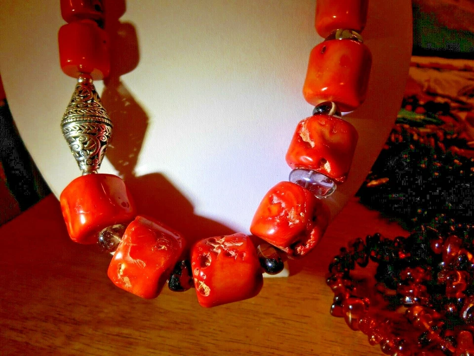 Collar Bali Coral Med Rojo Barse Macizo Raro Plata de Ley 21-23" 9.40z 264g Foto 2 de 4