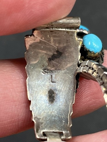 Vtg Native American Sterling Turquoise Watch Band Tips W/ Band Signed L - Picture 6 of 8