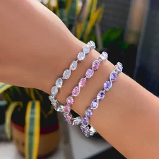 Silver Plated S Wave Design Oval Cubic Zirconia Tennis Bracelet for Women Bridal