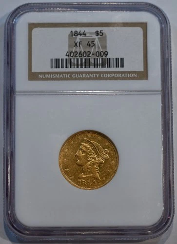 1844  Liberty Gold Half Eagle $5 Coin -  NGC graded XF45 - free shipping!