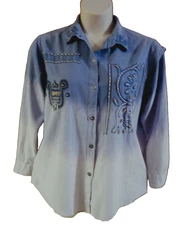 EUC Effeci Multi-Blue Ombre Shirt with Multiple Beaded Designs-Women's Size Lg