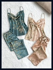 NEW Women's 4 Pc Satin Blue /Champagne Pink Floral Lounge Pajama Set M L