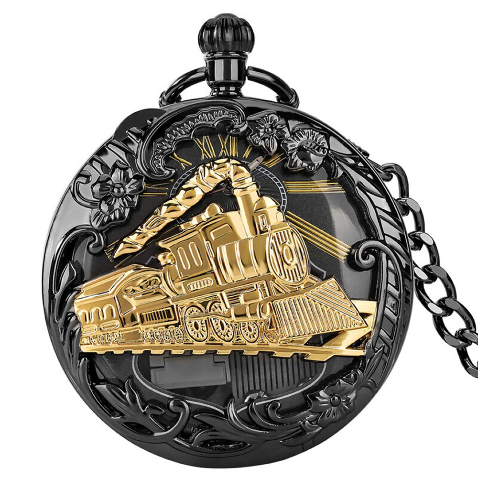 Vintage Train-Inspired Quartz Pocket Watch with Chain - Unique Musical Movement