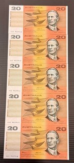 FIVE CONSECUTIVE 1985 JOHNSTON / FRASER AUSTRALIA TWENTY DOLLAR BANKNOTES UNCIRC