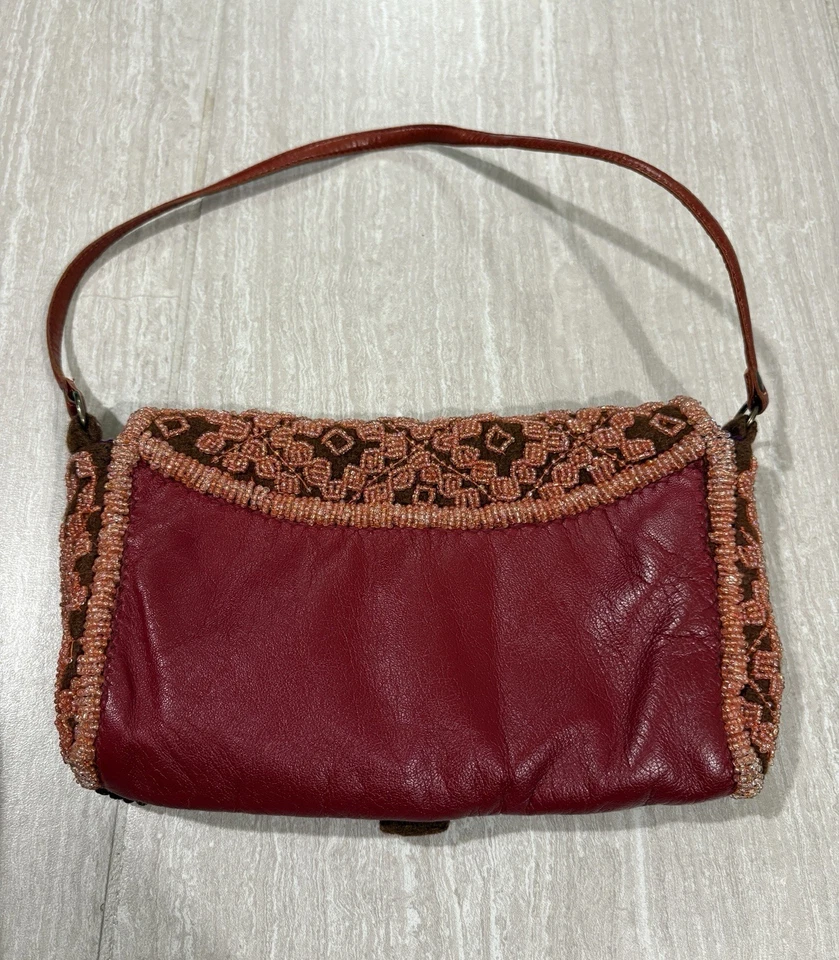 Jamin Puech Beaded Leather & Wool Top Handle Bag Floral Brown Red Shoulder Bag - Image 4 of 4