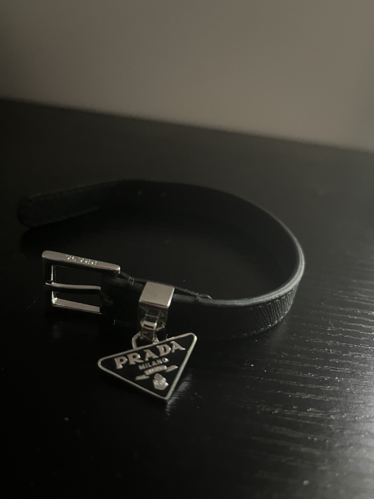 PRADA Saffiano Bracelet Metal x leather Black Auth