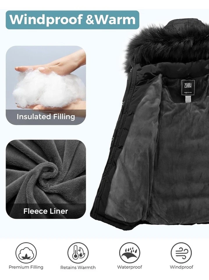ZSHOW Niñas 8 Puffer Chaqueta Suave Forrada de Vellón Cálido Abrigo de Invierno con Capucha de Piel P4 Foto 3 de 4