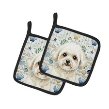 Caroline's Treasures White Cream Bichon Frise Coastal Sea Glass Pair Potholders
