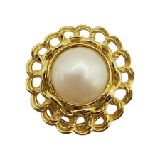 Vintage Faux Pearl Scarf Clip Hinged Gold Tone  Round Classic Elegance