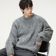 Mens Jumper Thick Plain Knitted Crew-neck Sweater Soft Pullover Knitwear Casual