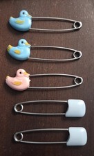 5 Vintage Diaper Pins - 2 Plain Blue And 3 With Cute Little Ducks