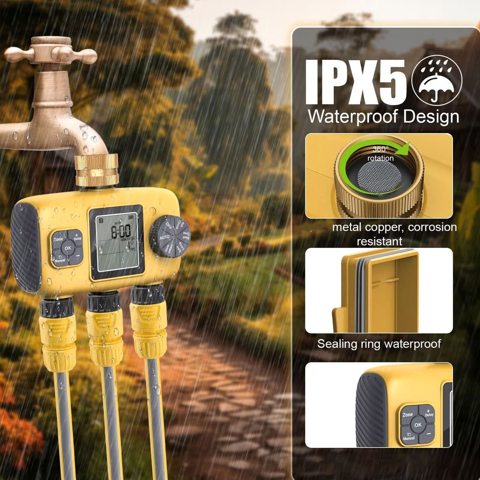 Programmable Watering Timer 1-15 Day Rain Delay 0.5-8bar 3 Zone Sprinkler Timer