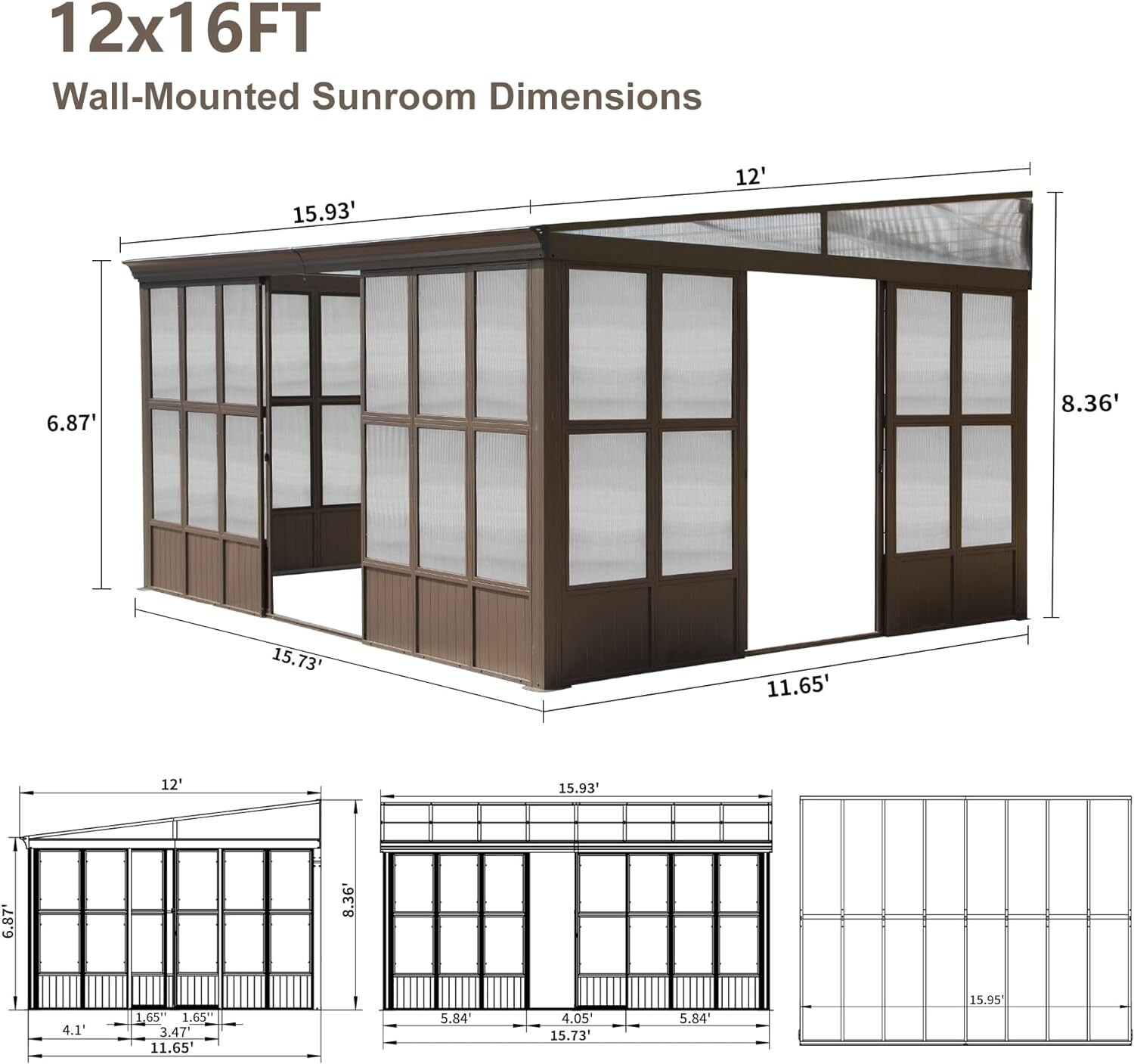 Domi Outdoor 12x16FT Wall Mounted Sunroom with PC Roof & Lockable Sliding Doors