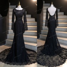 Vintage Style Gothic Black Lace Wedding Dress Bridal Gown Long Bell Sleeves