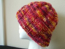 Hand knitted cozy and warm wool blend hat, red/yellow/burgundy