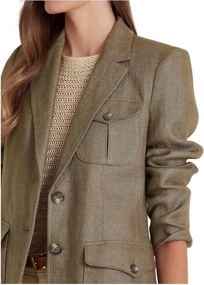 Size 8- Lauren Ralph Lauren Women’s Herringbone Linen Blazer, Olive Fern. - Image 3 of 4