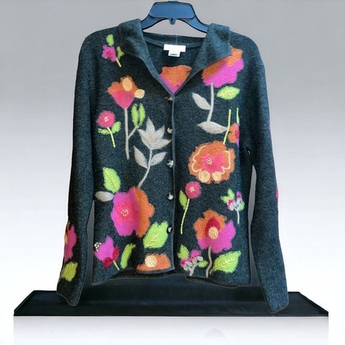Vintage Talbots PM 100 % grau Lammwolle handbestickt Blumen Cardigan Pullover