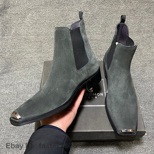 100% Real Leather Chelsea Men's British Business Square Metal Toe Boots Shoes - Picture 14 of 34