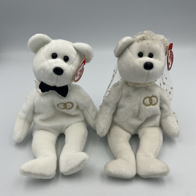 Ty Beanie Baby Bride & Groom Wedding Teddy Bears Mr. Mrs Bear  MINT New MWMT